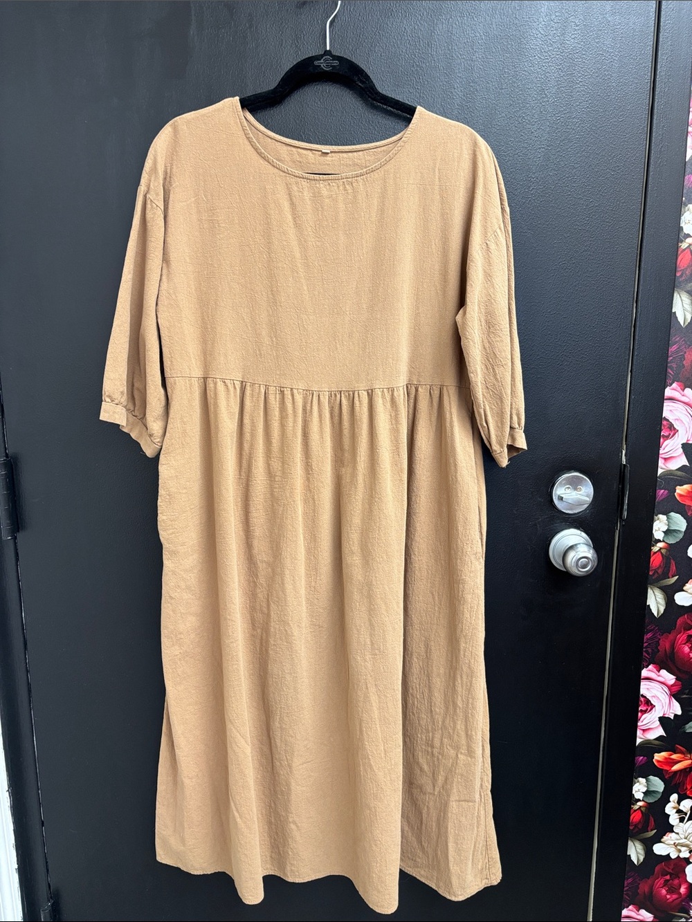Khaki 100% Cotton 3/4 Long Sleeve Dress large peasant cottage core fall
